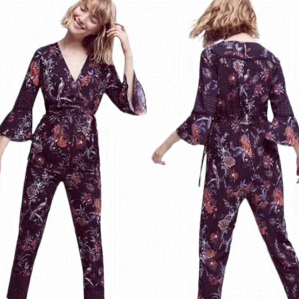 ANTHROPOLOGIE Maeve Espoir Jumpsuit Purple Bird Floral BellSleeve Romper 6p Us@L